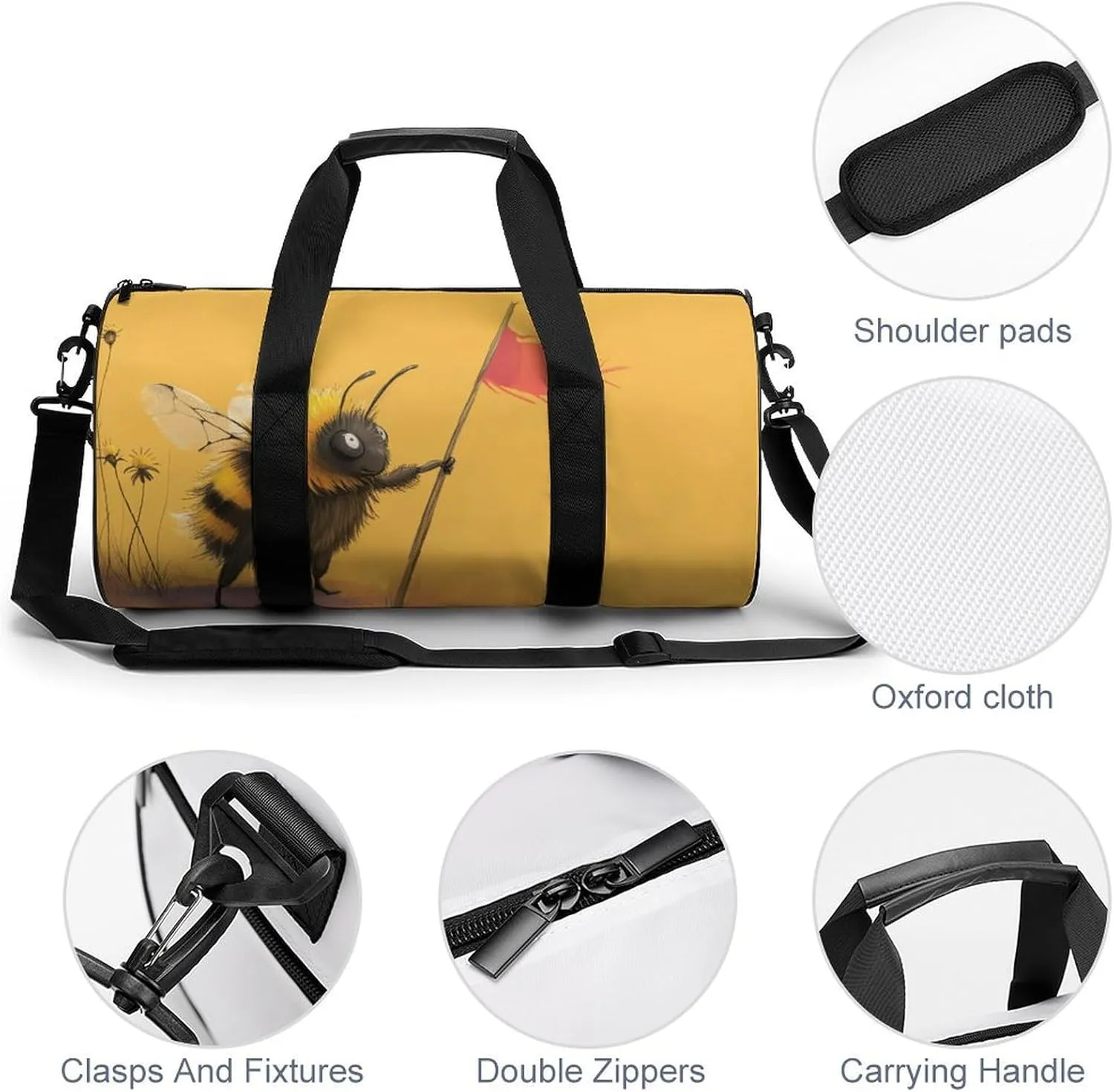 A Tired Dusty Bumblebee Standing with A Bee Flag Travel Gym Bag for Women Men Cartoon Minimalist Cute Cylindrical Duffle Bag Sport Workout Bag with Shoulder Strap