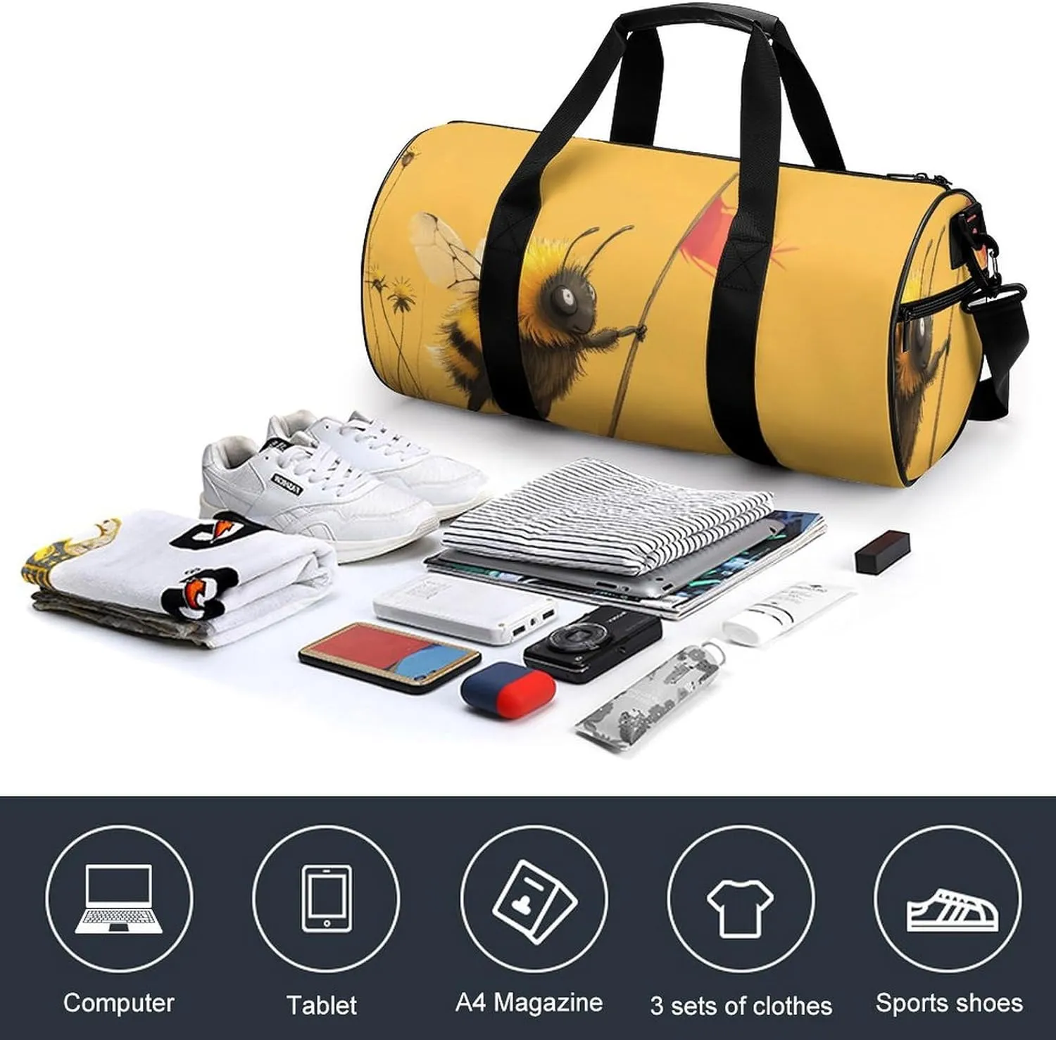 A Tired Dusty Bumblebee Standing with A Bee Flag Travel Gym Bag for Women Men Cartoon Minimalist Cute Cylindrical Duffle Bag Sport Workout Bag with Shoulder Strap