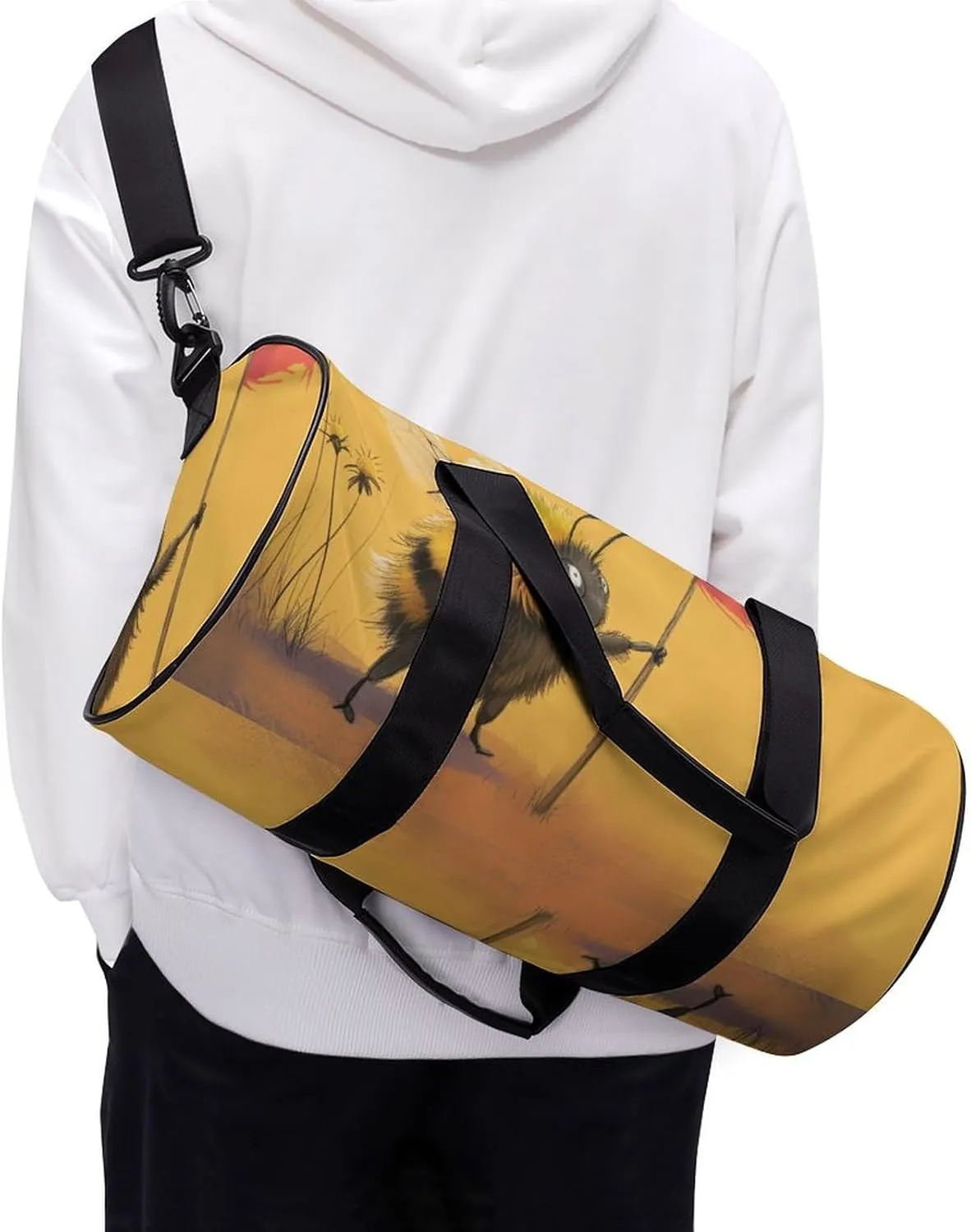 A Tired Dusty Bumblebee Standing with A Bee Flag Travel Gym Bag for Women Men Cartoon Minimalist Cute Cylindrical Duffle Bag Sport Workout Bag with Shoulder Strap