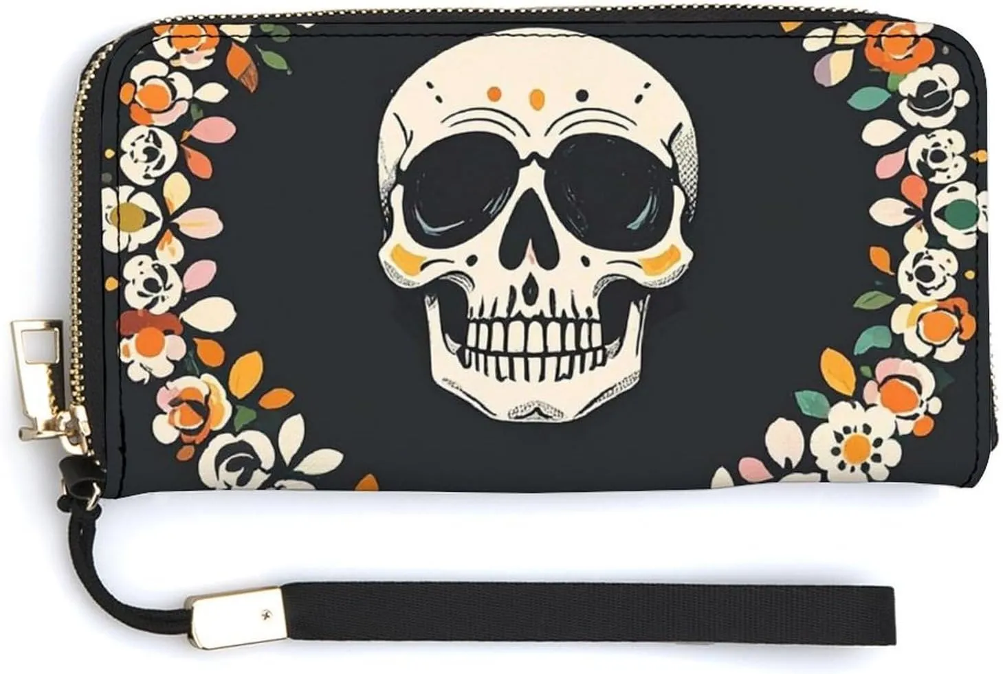 A Wreath Surrounds The Skeleton Leather Wallet for Unisex Slim Pattern Purse Long Wallets Card Holder with Zipper