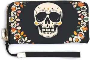 A Wreath Surrounds The Skeleton Leather Wallet for Unisex Slim Pattern Purse Long Wallets Card Holder with Zipper