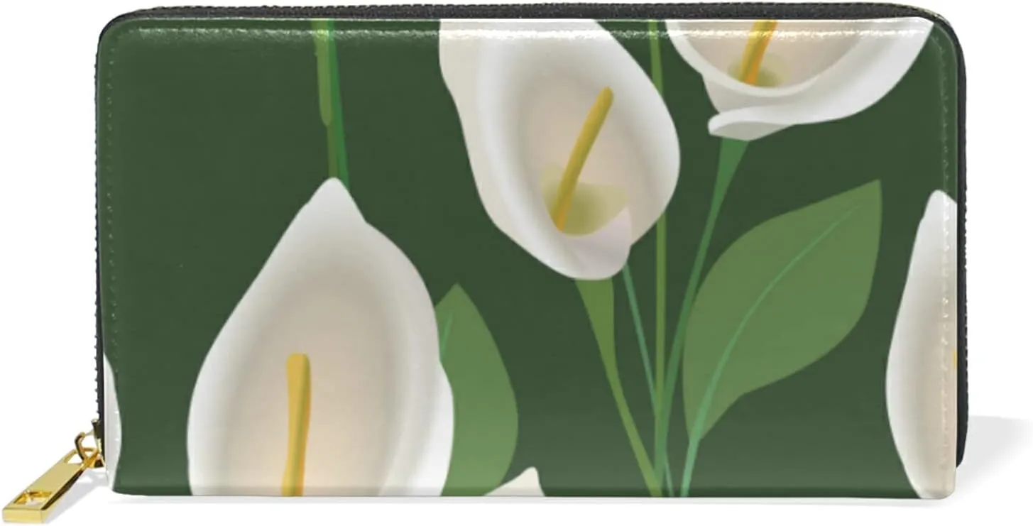 Abstract Exotic White Flowers with Green Leaves on Green Background Leather Long Wallet Organizer with Zipper Purse Clutch Bag for Women Men Key Card Coin Passport Checkbook