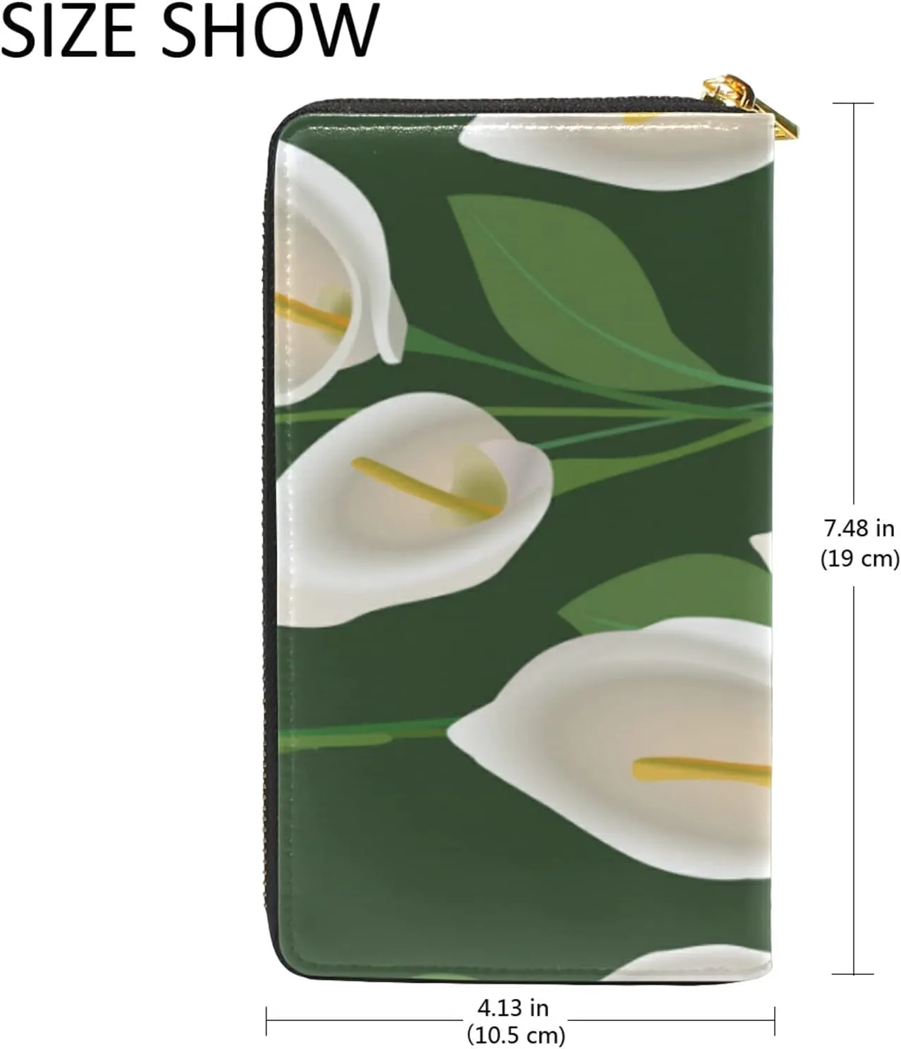 Abstract Exotic White Flowers with Green Leaves on Green Background Leather Long Wallet Organizer with Zipper Purse Clutch Bag for Women Men Key Card Coin Passport Checkbook
