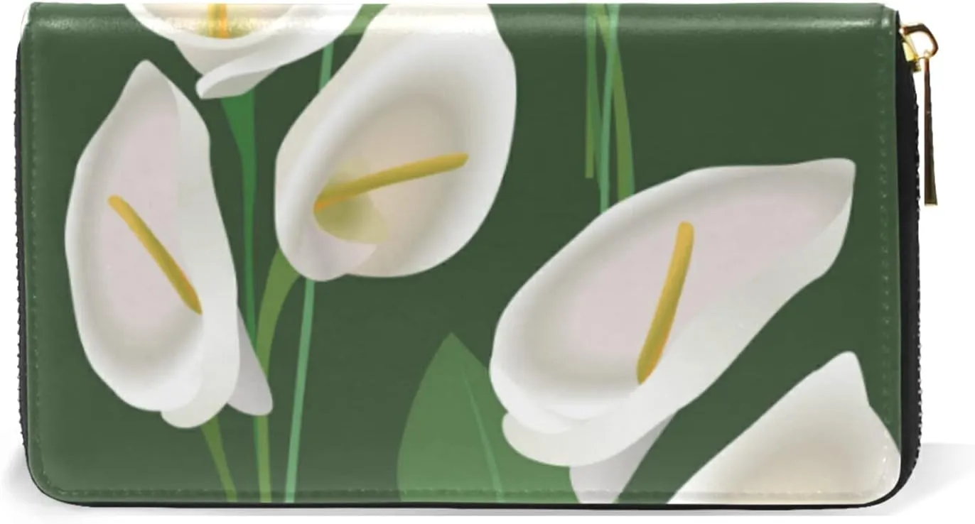 Abstract Exotic White Flowers with Green Leaves on Green Background Leather Long Wallet Organizer with Zipper Purse Clutch Bag for Women Men Key Card Coin Passport Checkbook