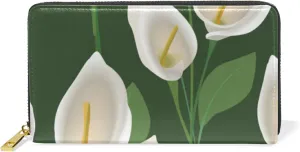 Abstract Exotic White Flowers with Green Leaves on Green Background Leather Long Wallet Organizer with Zipper Purse Clutch Bag for Women Men Key Card Coin Passport Checkbook