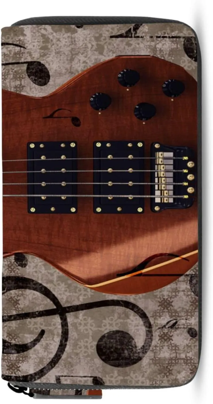 Abstract Retro Musical Background with Guitar and Music Notes Leather Long Wallet Organizer with Zipper Purse Clutch Bag for Women Men Key Card Coin Passport Checkbook 8 x 4 inch