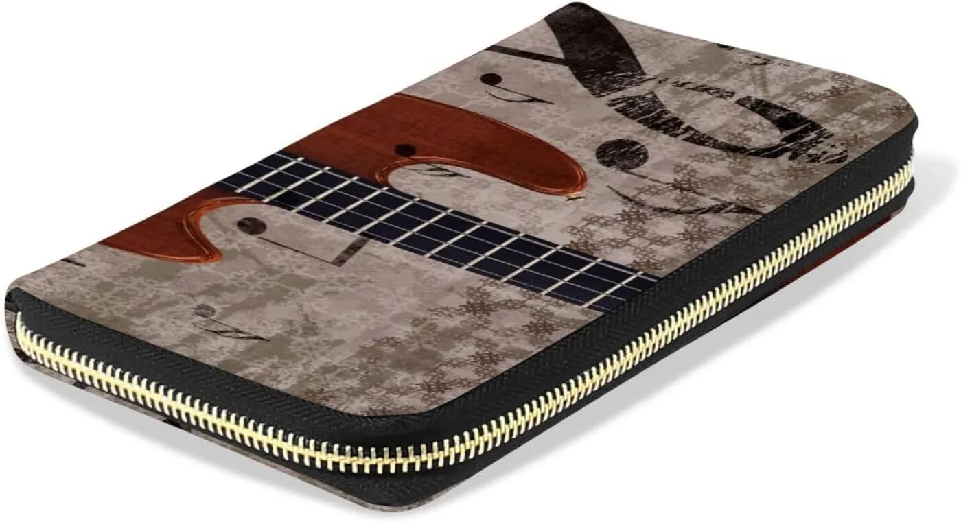 Abstract Retro Musical Background with Guitar and Music Notes Leather Long Wallet Organizer with Zipper Purse Clutch Bag for Women Men Key Card Coin Passport Checkbook 8 x 4 inch
