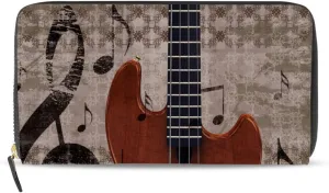 Abstract Retro Musical Background with Guitar and Music Notes Leather Long Wallet Organizer with Zipper Purse Clutch Bag for Women Men Key Card Coin Passport Checkbook 8 x 4 inch