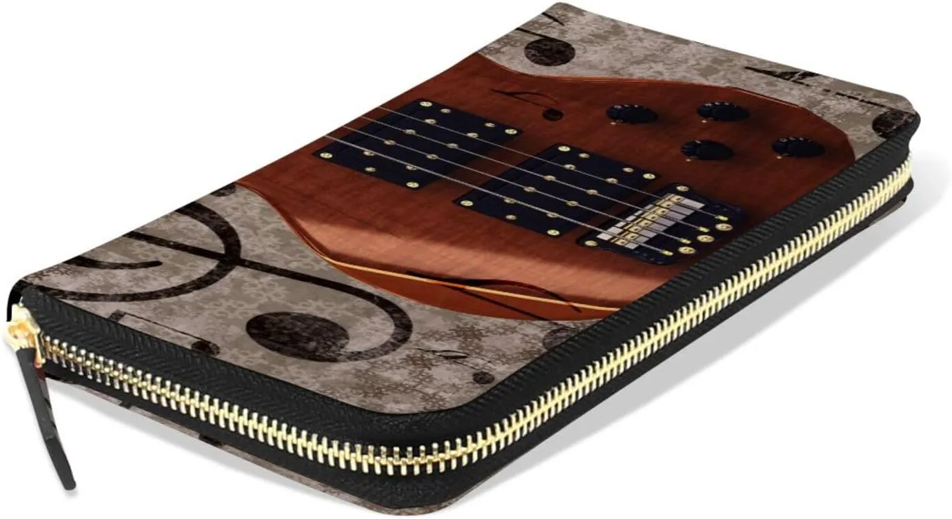 Abstract Retro Musical Background with Guitar and Music Notes Leather Long Wallet Organizer with Zipper Purse Clutch Bag for Women Men Key Card Coin Passport Checkbook 8 x 4 inch