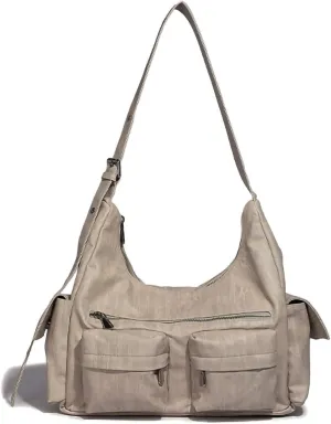 ACOLLIE-New Multi-pockets design style handbag light luxury high-end bag casual vintage washed PU bag (Khaki)