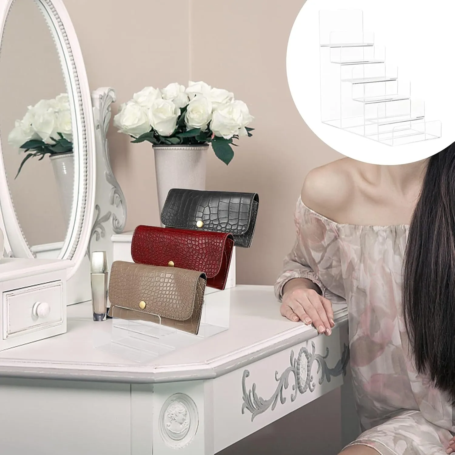 Acrylic Jewelry Storage Rack Wallet Display Stand Holder 4 Steps Clear Handbag Purse Jewelry Display Riser Shelf Cosmetic Display Glasses Display Stand Racks Collection Display Stand ( Size : 23X21X10