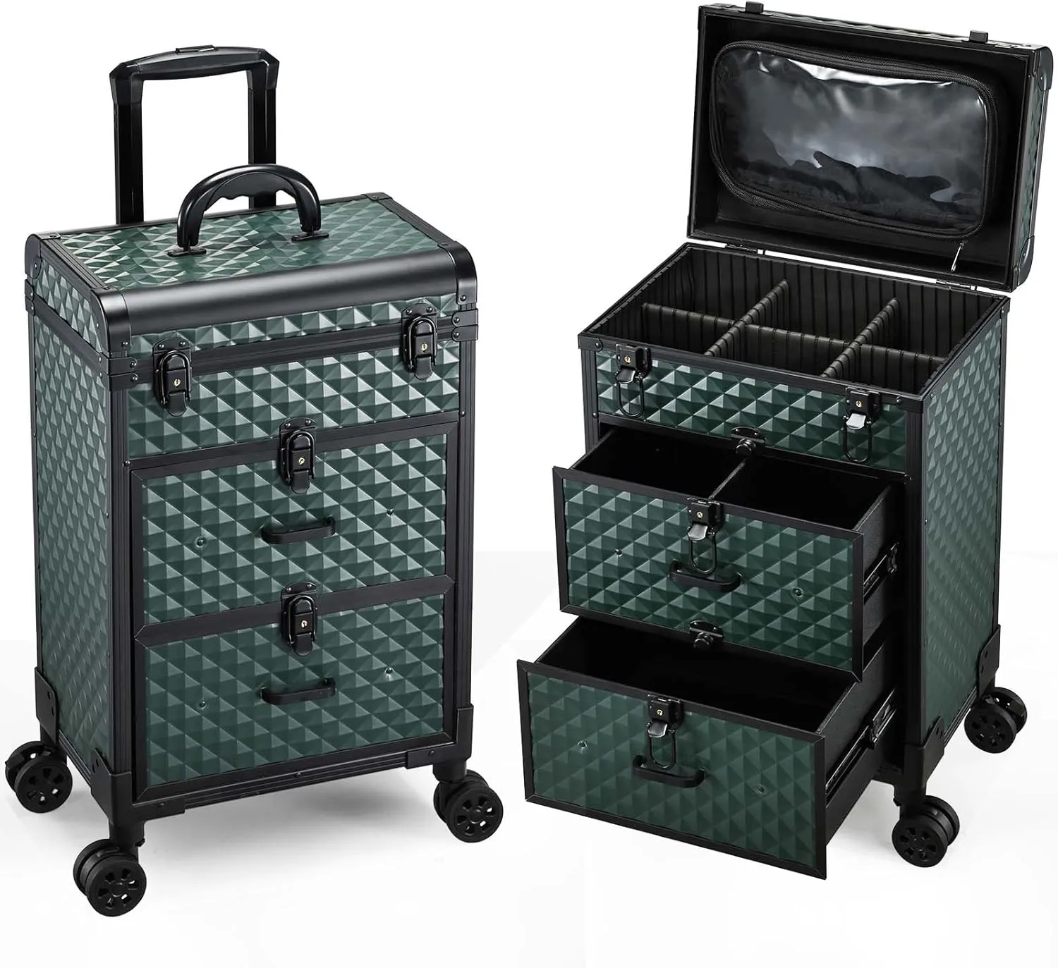 Adazzo Professional Rolling Makeup Train Case with Drawers, Makeup Case on Wheels, Nail Tech Rolling Cart Storage Organizer Trolley Make up Case for Travel Makeup/Nail Art/Hair Styling, Dark Green