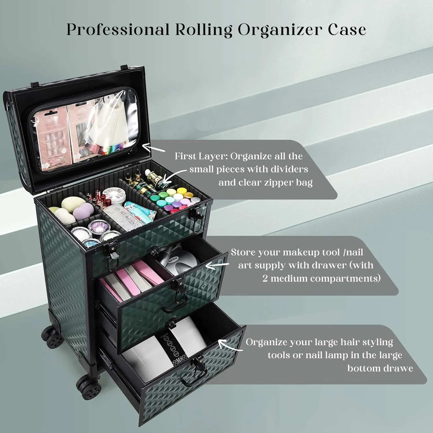 Adazzo Professional Rolling Makeup Train Case with Drawers, Makeup Case on Wheels, Nail Tech Rolling Cart Storage Organizer Trolley Make up Case for Travel Makeup/Nail Art/Hair Styling, Dark Green