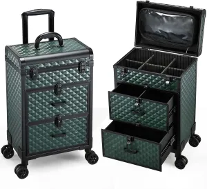 Adazzo Professional Rolling Makeup Train Case with Drawers, Makeup Case on Wheels, Nail Tech Rolling Cart Storage Organizer Trolley Make up Case for Travel Makeup/Nail Art/Hair Styling, Dark Green