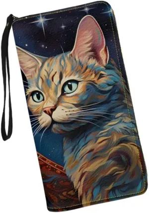 African Cats Print Card Holder Wallet For Women Large Capacity Zip Around Long Clutch Novelty Vintage Wristlet Wallet