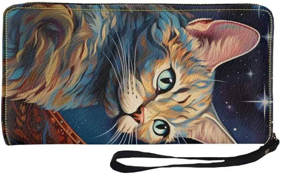 African Cats Print Card Holder Wallet For Women Large Capacity Zip Around Long Clutch Novelty Vintage Wristlet Wallet