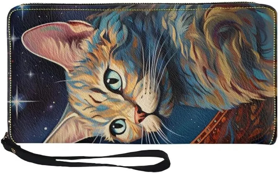 African Cats Print Card Holder Wallet For Women Large Capacity Zip Around Long Clutch Novelty Vintage Wristlet Wallet