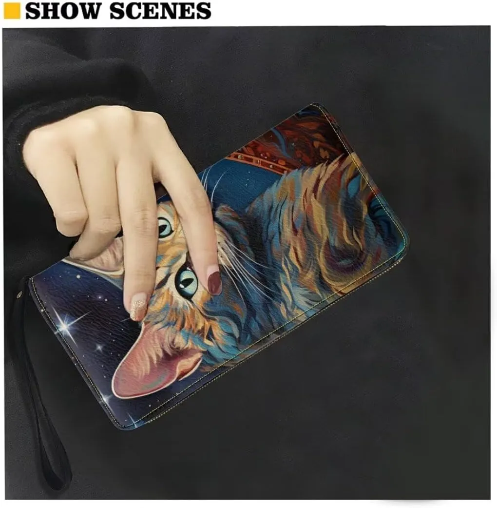 African Cats Print Card Holder Wallet For Women Large Capacity Zip Around Long Clutch Novelty Vintage Wristlet Wallet