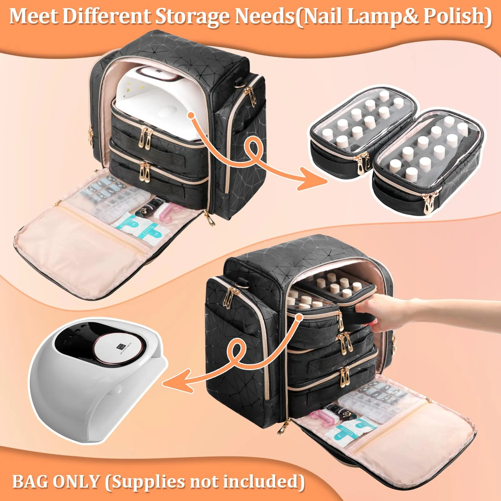 ahzske Large Nail Polish Organizer Bag Holds 80 Bottles (15ml/0.5 fl.oz), Portable Nail Lamp Kit Shoulder Case with 4 Removable Pouches, Multiple Pockets for Nail Supplies Storage PU Leather (Black)