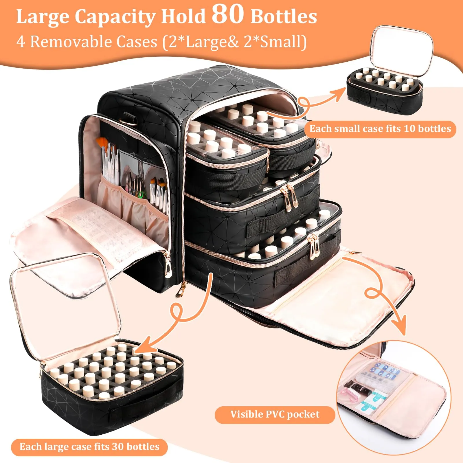 ahzske Large Nail Polish Organizer Bag Holds 80 Bottles (15ml/0.5 fl.oz), Portable Nail Lamp Kit Shoulder Case with 4 Removable Pouches, Multiple Pockets for Nail Supplies Storage PU Leather (Black)