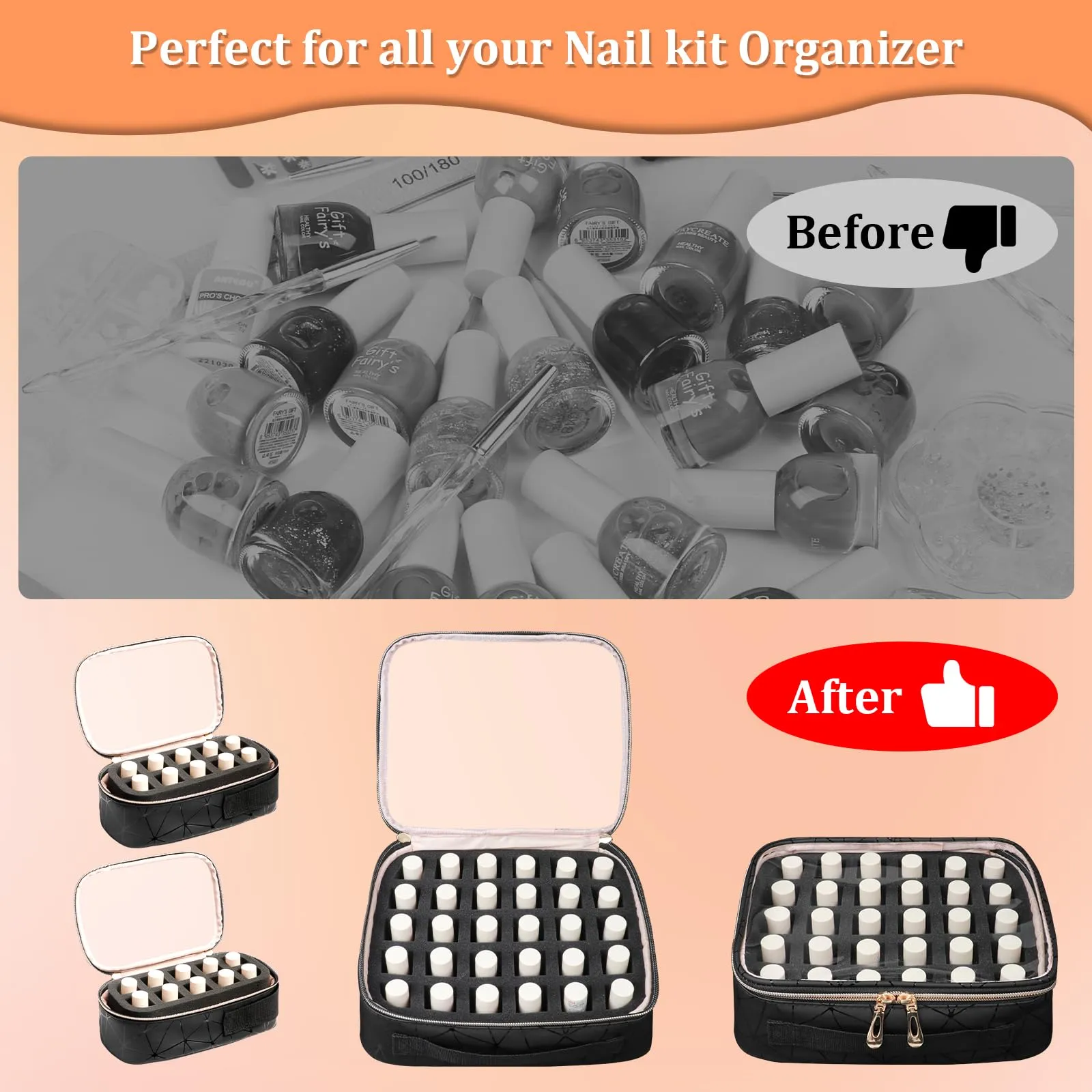 ahzske Large Nail Polish Organizer Bag Holds 80 Bottles (15ml/0.5 fl.oz), Portable Nail Lamp Kit Shoulder Case with 4 Removable Pouches, Multiple Pockets for Nail Supplies Storage PU Leather (Black)