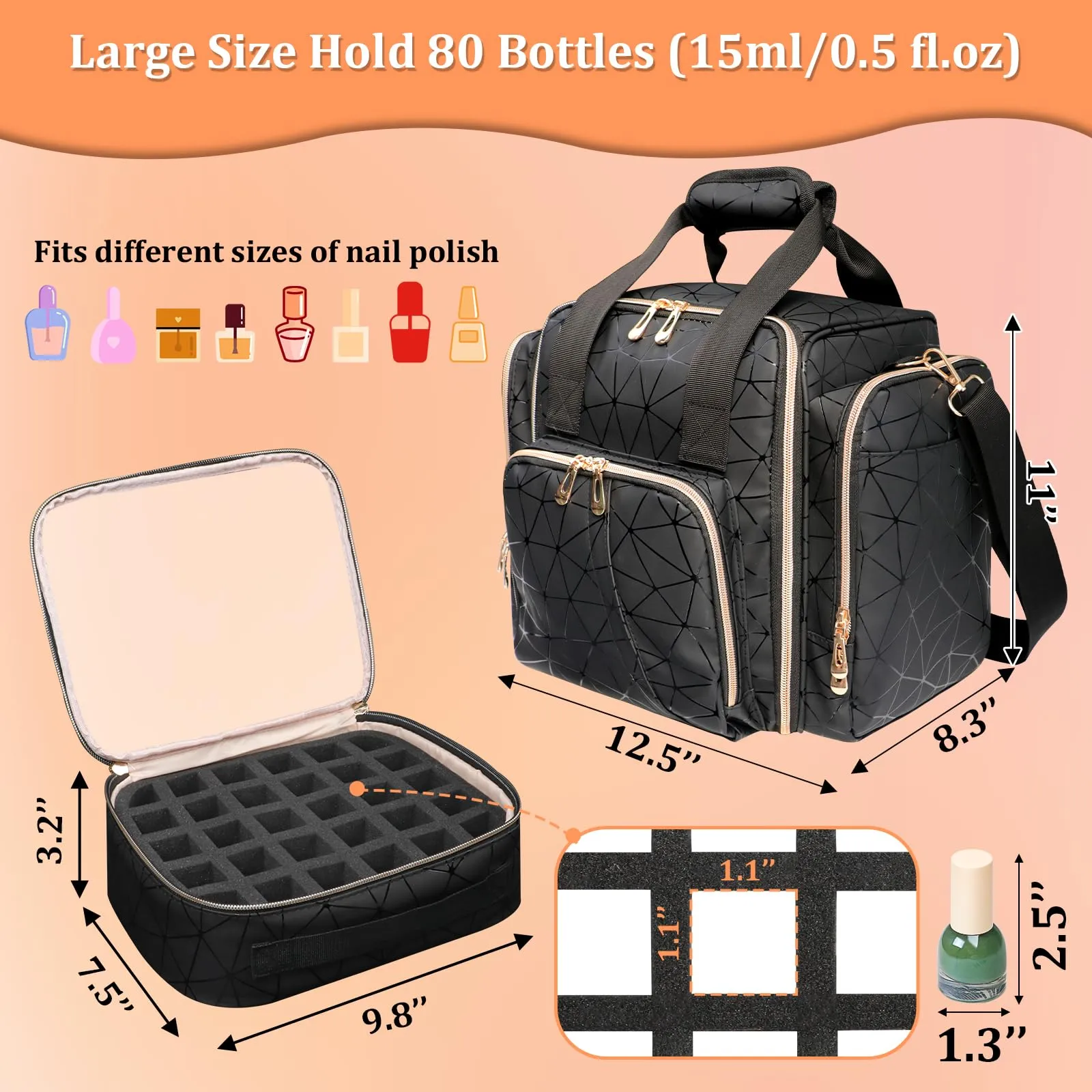 ahzske Large Nail Polish Organizer Bag Holds 80 Bottles (15ml/0.5 fl.oz), Portable Nail Lamp Kit Shoulder Case with 4 Removable Pouches, Multiple Pockets for Nail Supplies Storage PU Leather (Black)