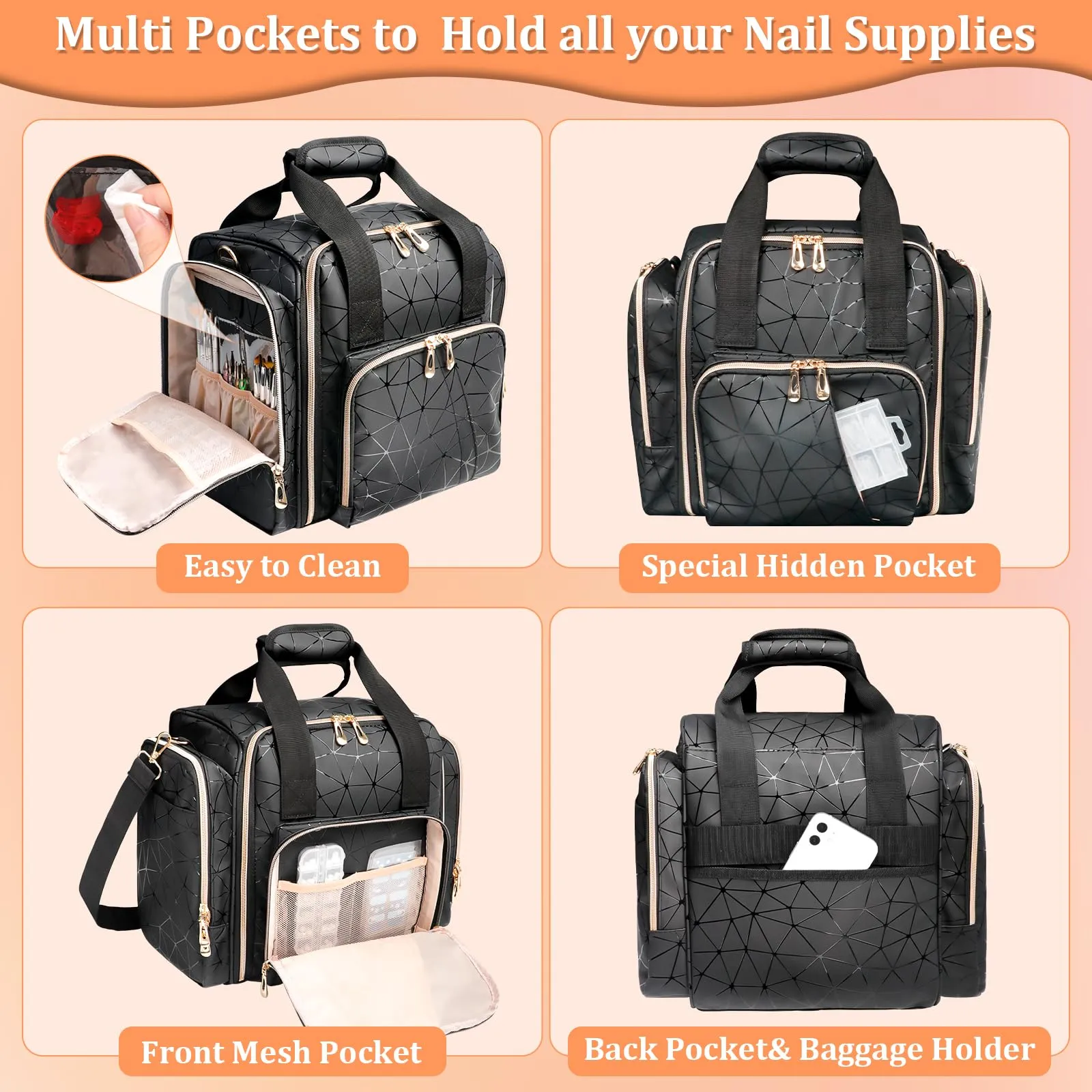 ahzske Large Nail Polish Organizer Bag Holds 80 Bottles (15ml/0.5 fl.oz), Portable Nail Lamp Kit Shoulder Case with 4 Removable Pouches, Multiple Pockets for Nail Supplies Storage PU Leather (Black)
