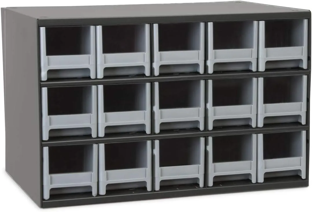 Akro-Mils Steel Garage Storage Cabinet, Small Parts Organizer Metal Cabinet for Hardware, Nails, Screws, Bolts, Nuts, and More, 17" W x 11" D x 11" H, 15-Drawer, Gray Cabinet/Gray Drawers (19715)