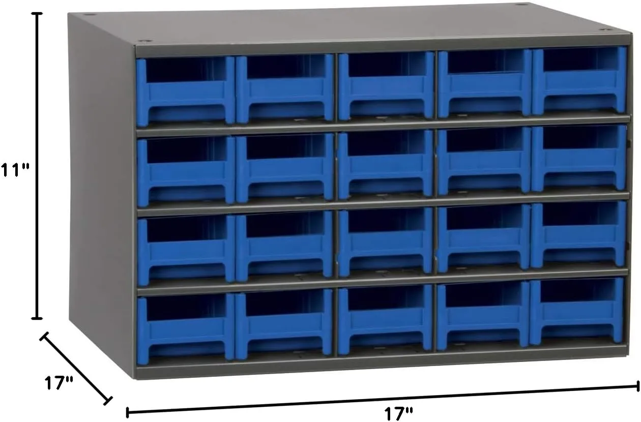 Akro-Mils Steel Garage Storage Cabinet, Small Parts Organizer Metal Cabinet for Hardware, Nails, Screws, Bolts, Nuts, and More, 17" W x 11" D x 11" H, 20-Drawer, Gray Cabinet/Blue Drawers (19320)