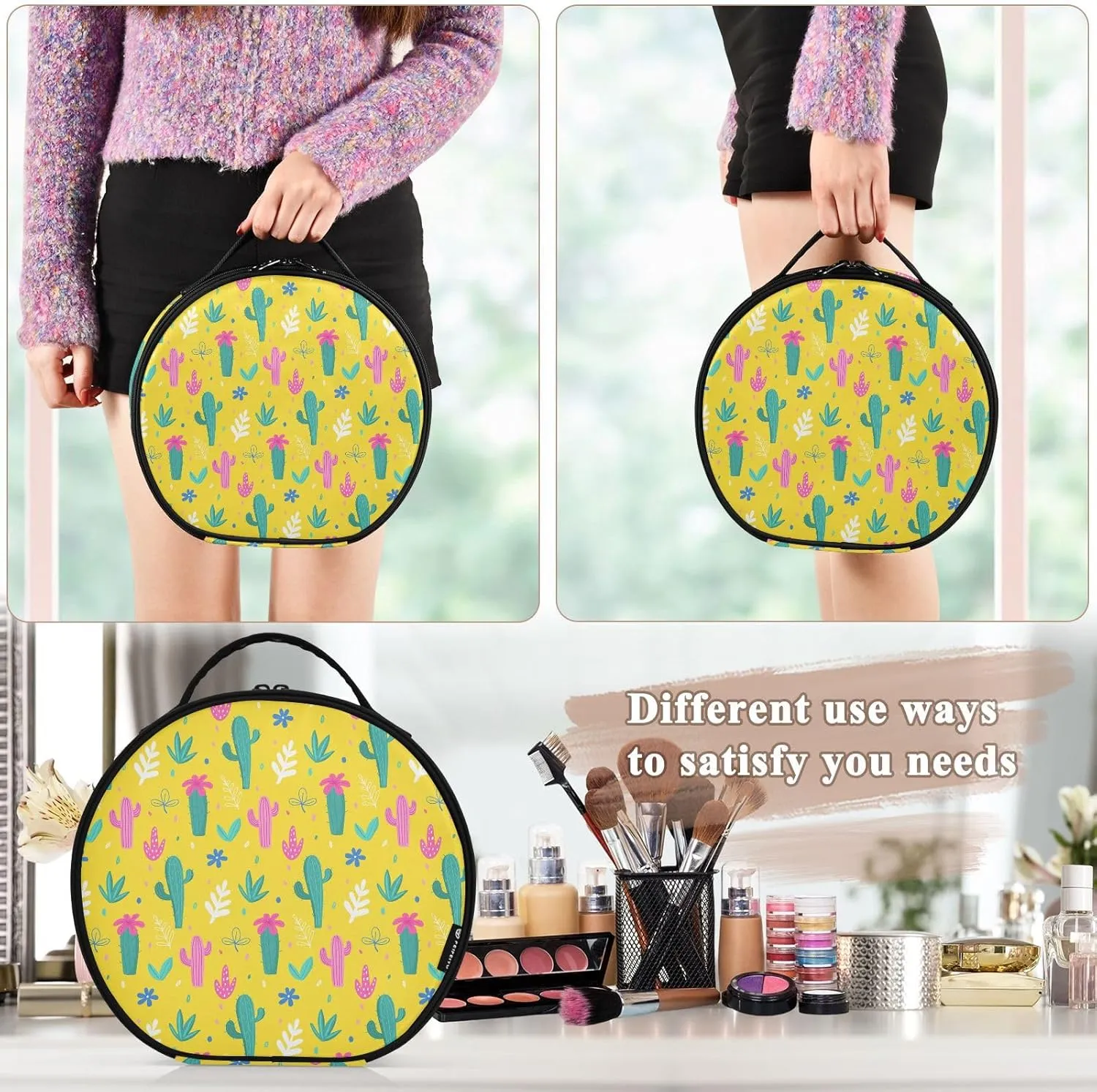 ALAZA Cacti Palm Leavs Jungle Flowers Toiletry Bag Travel Makeup Case Organizer for Women