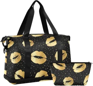 ALAZA Gold Lips Polka Dots Travel Duffel Bag for Women Men Sports Gym Bag with Shoe Compartment Tote Weekender Overnight Bag with Wet Pocket for Travel, Gym,Yoga,Swimming