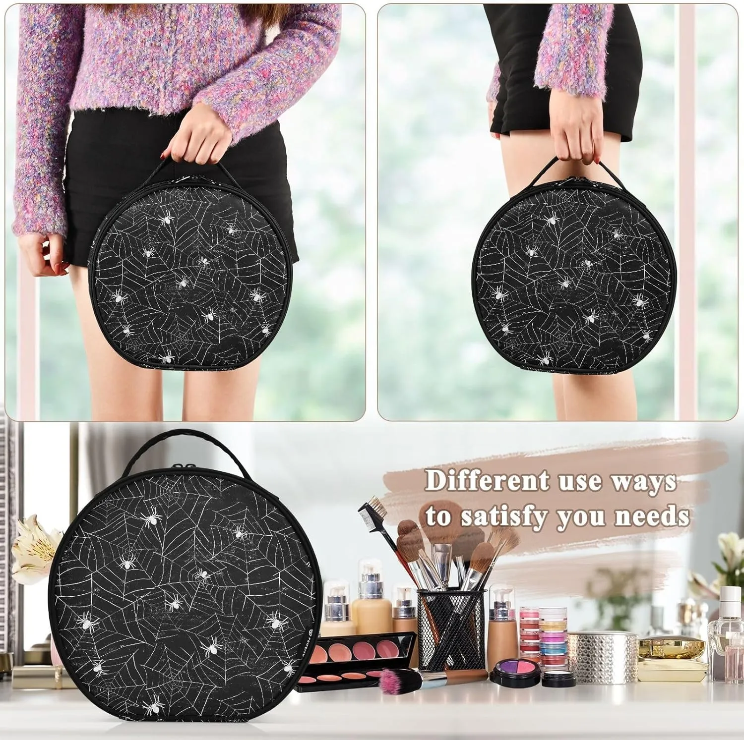 ALAZA Halloween Black and White Grunge Background with Spiderwebs Travel Cosmetic Organizer Make up Organizer Toiletry Bag