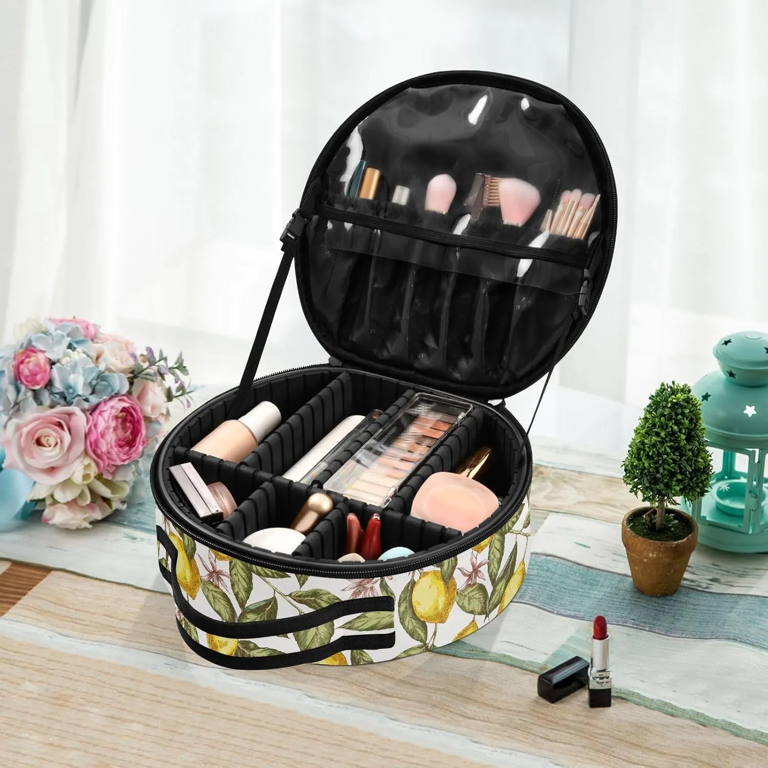 ALAZA Lemon Leaves Flower Makeup Bag Travel Cosmetic Bag Large Toiletry Organizer