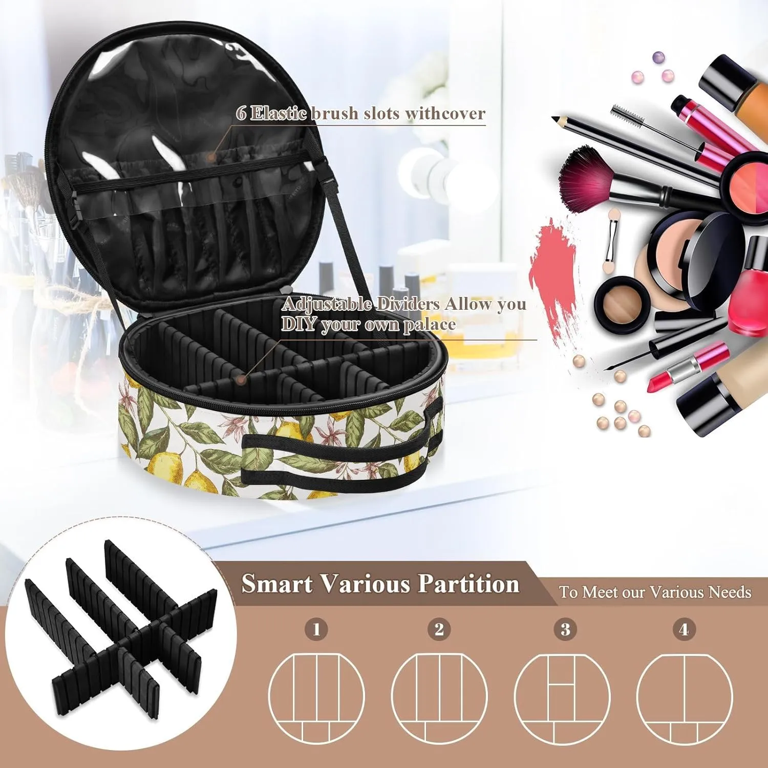 ALAZA Lemon Leaves Flower Makeup Bag Travel Cosmetic Bag Large Toiletry Organizer