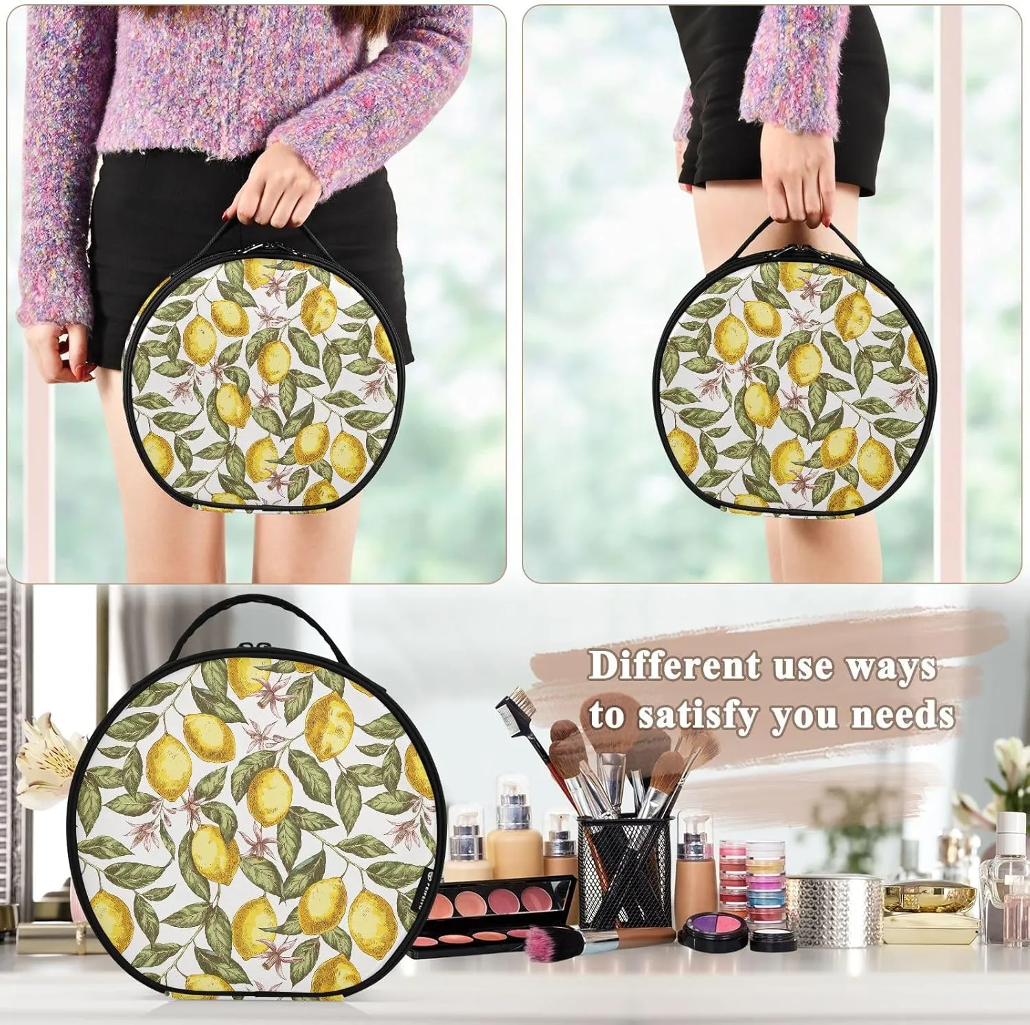 ALAZA Lemon Leaves Flower Makeup Bag Travel Cosmetic Bag Large Toiletry Organizer