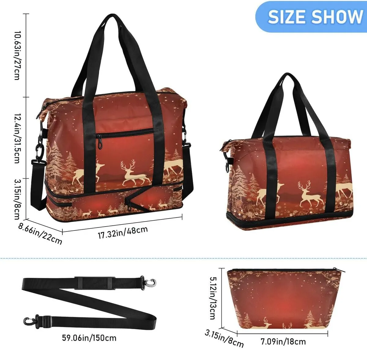 ALAZA Old Deer Pine Tree Snowflake Xmas Travel Duffel Bag with Shoe Compartment Tote Bag Weekender Overnight Bag with Wet Pocket for Travel,Gym,Yoga,Swimming