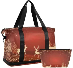 ALAZA Old Deer Pine Tree Snowflake Xmas Travel Duffel Bag with Shoe Compartment Tote Bag Weekender Overnight Bag with Wet Pocket for Travel,Gym,Yoga,Swimming