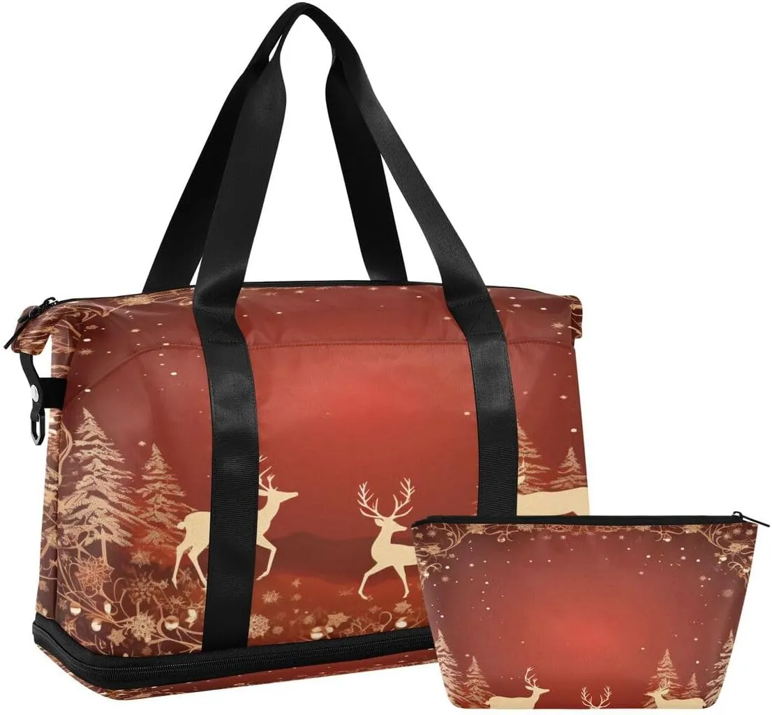 ALAZA Old Deer Pine Tree Snowflake Xmas Travel Duffel Bag with Shoe Compartment Tote Bag Weekender Overnight Bag with Wet Pocket for Travel,Gym,Yoga,Swimming