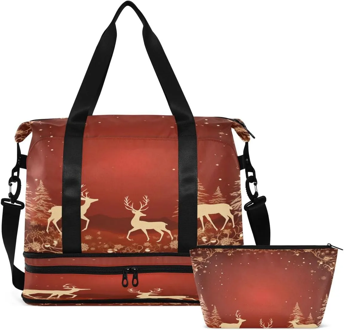 ALAZA Old Deer Pine Tree Snowflake Xmas Travel Duffel Bag with Shoe Compartment Tote Bag Weekender Overnight Bag with Wet Pocket for Travel,Gym,Yoga,Swimming