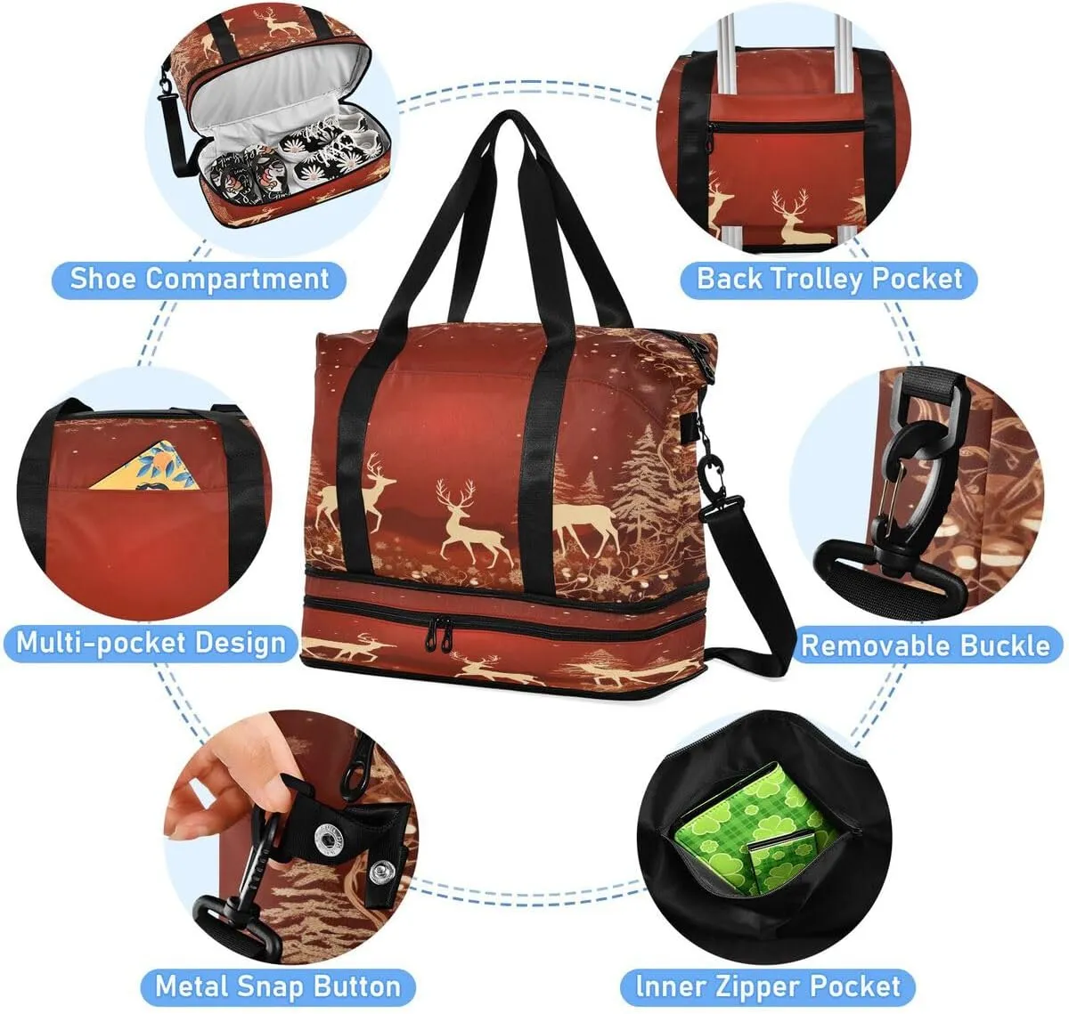 ALAZA Old Deer Pine Tree Snowflake Xmas Travel Duffel Bag with Shoe Compartment Tote Bag Weekender Overnight Bag with Wet Pocket for Travel,Gym,Yoga,Swimming