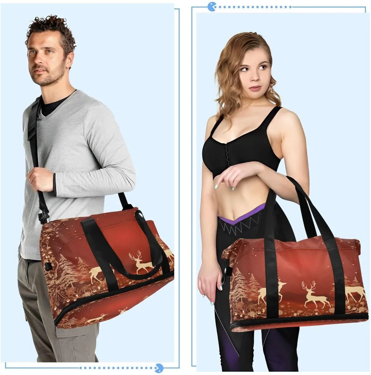 ALAZA Old Deer Pine Tree Snowflake Xmas Travel Duffel Bag with Shoe Compartment Tote Bag Weekender Overnight Bag with Wet Pocket for Travel,Gym,Yoga,Swimming