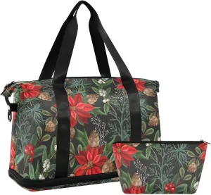 ALAZA Poinsettia Pines Hollyberries Christmas Travel Duffel Bag for Women Men Sports Gym Bag with Shoe Compartment Tote Weekender Overnight Bag with Wet Pocket for Travel, Gym,Yoga,Swimming