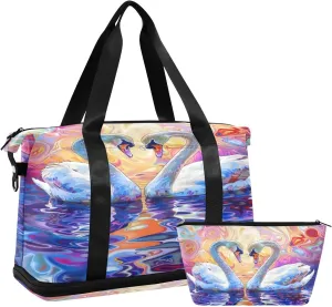 ALAZA Swan Couple Travel Duffel Bag for Women Men Sports Gym Bag with Shoe Compartment Tote Weekender Overnight Bag with Wet Pocket for Travel, Gym,Yoga,Swimming