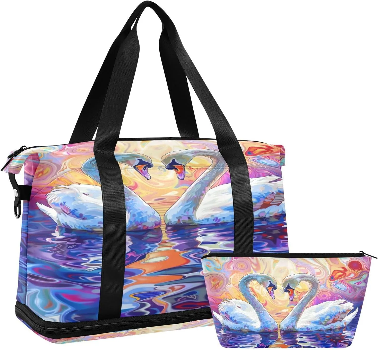 ALAZA Swan Couple Travel Duffel Bag for Women Men Sports Gym Bag with Shoe Compartment Tote Weekender Overnight Bag with Wet Pocket for Travel, Gym,Yoga,Swimming