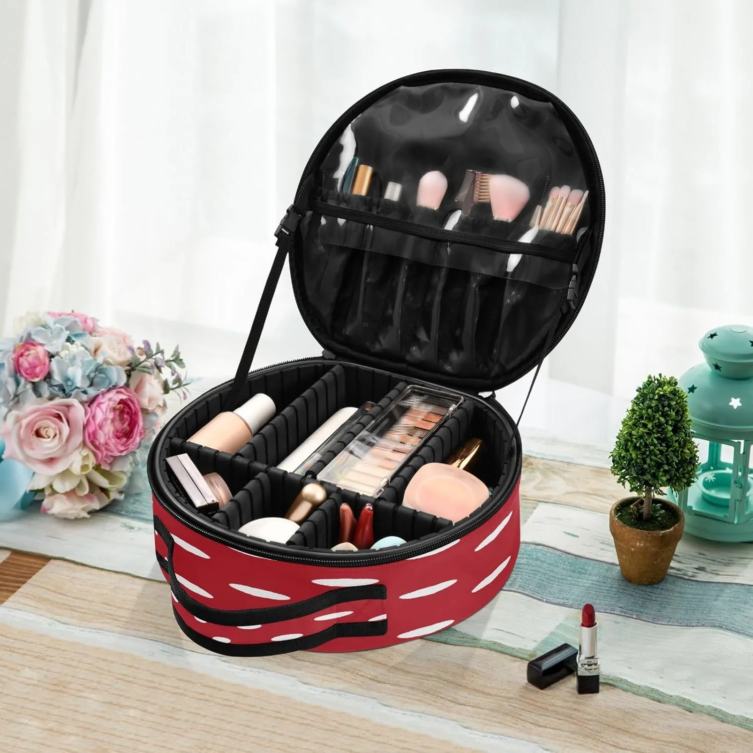 ALAZA White Polka Dots on Red Toiletry Bag Travel Makeup Case Organizer for Women