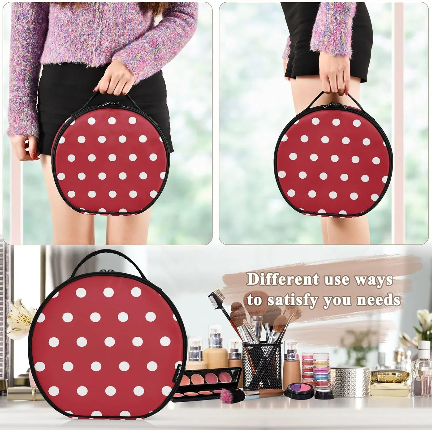 ALAZA White Polka Dots on Red Toiletry Bag Travel Makeup Case Organizer for Women