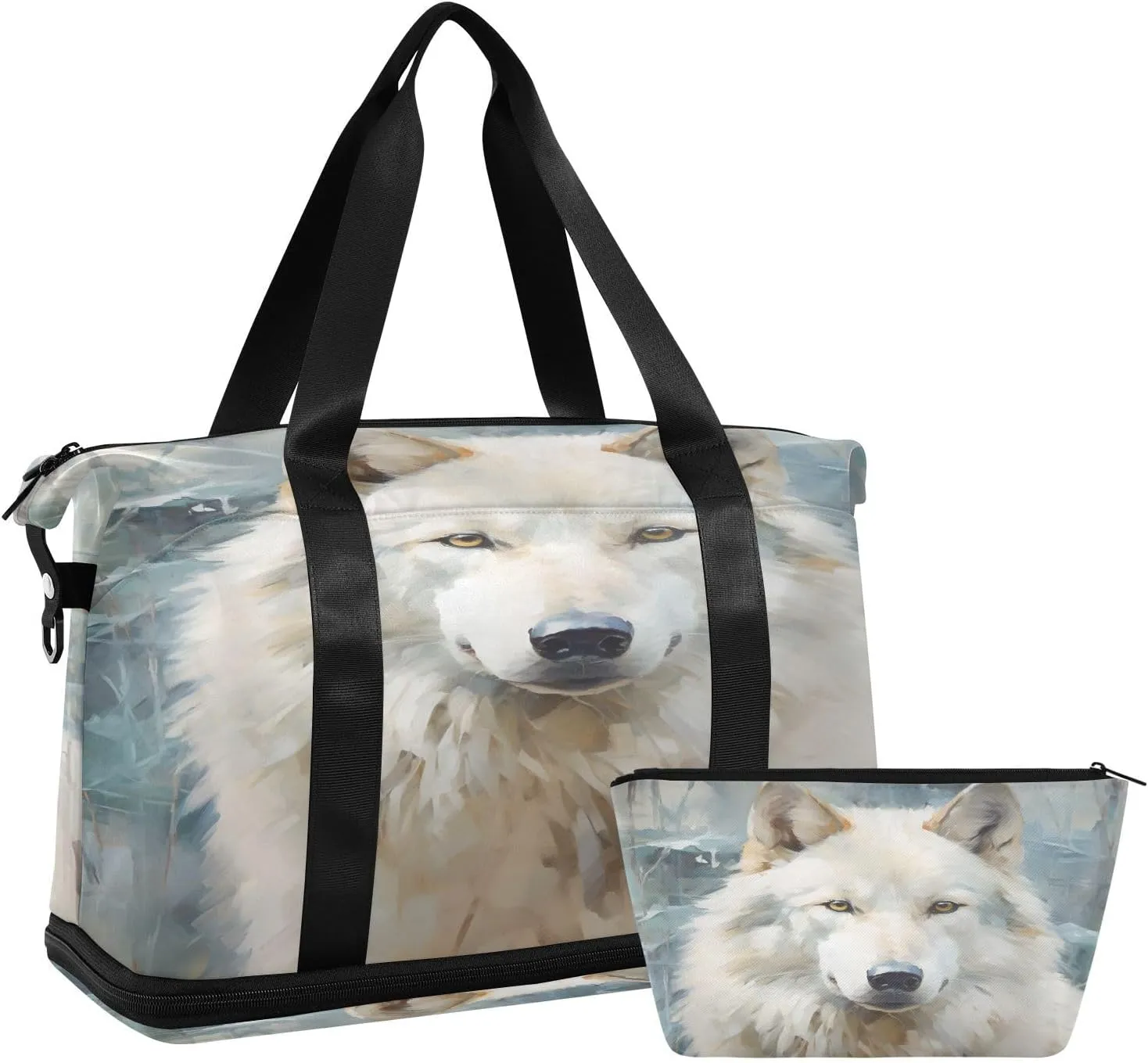 ALAZA White Wolf Portrait Travel Duffel Bag for Women Men Sports Gym Bag with Shoe Compartment Tote Weekender Overnight Bag with Wet Pocket for Travel, Gym,Yoga,Swimming