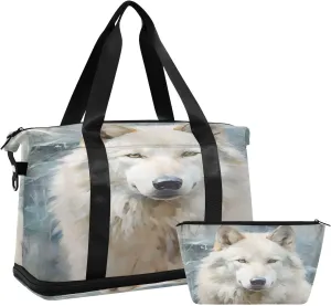 ALAZA White Wolf Portrait Travel Duffel Bag for Women Men Sports Gym Bag with Shoe Compartment Tote Weekender Overnight Bag with Wet Pocket for Travel, Gym,Yoga,Swimming