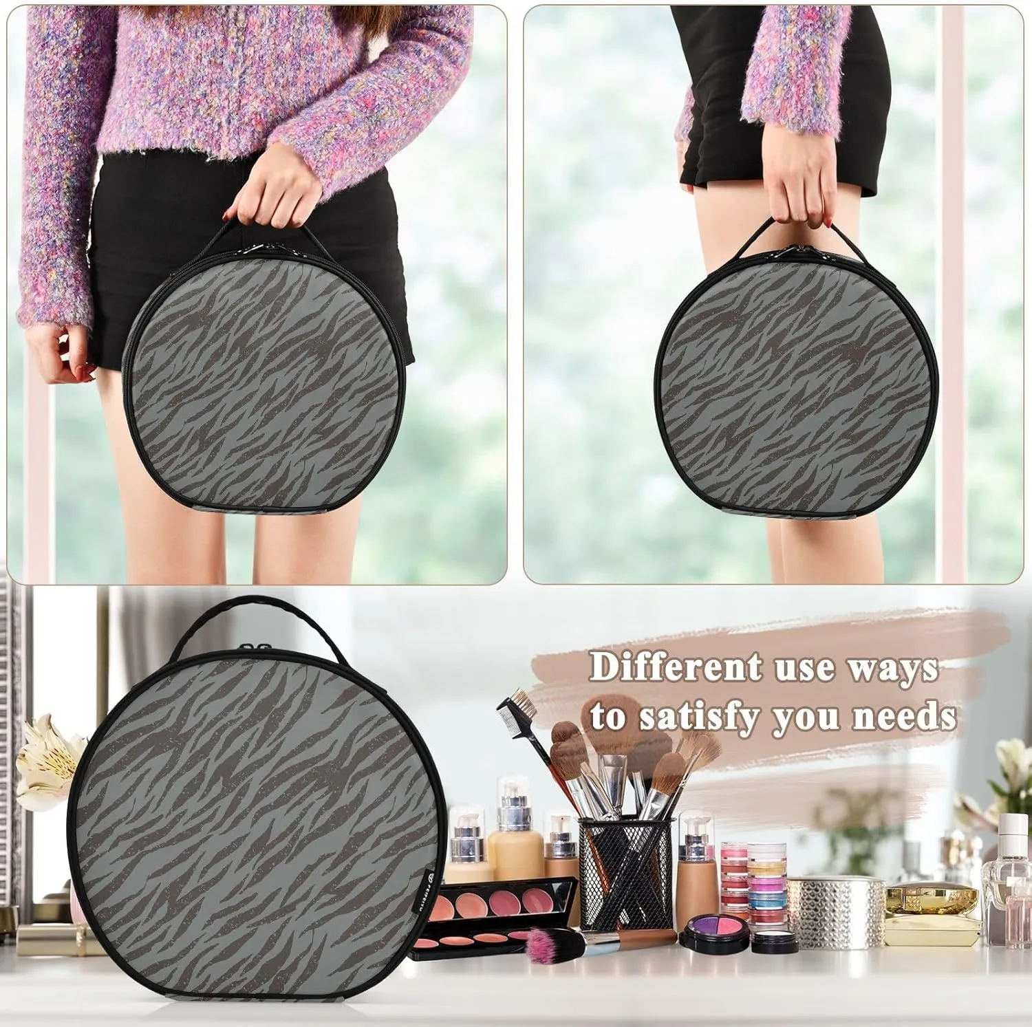 ALAZA Zebra Tiger Stripes Grunge Travel Make Up Organizer Cosmetic Brush Bags Case