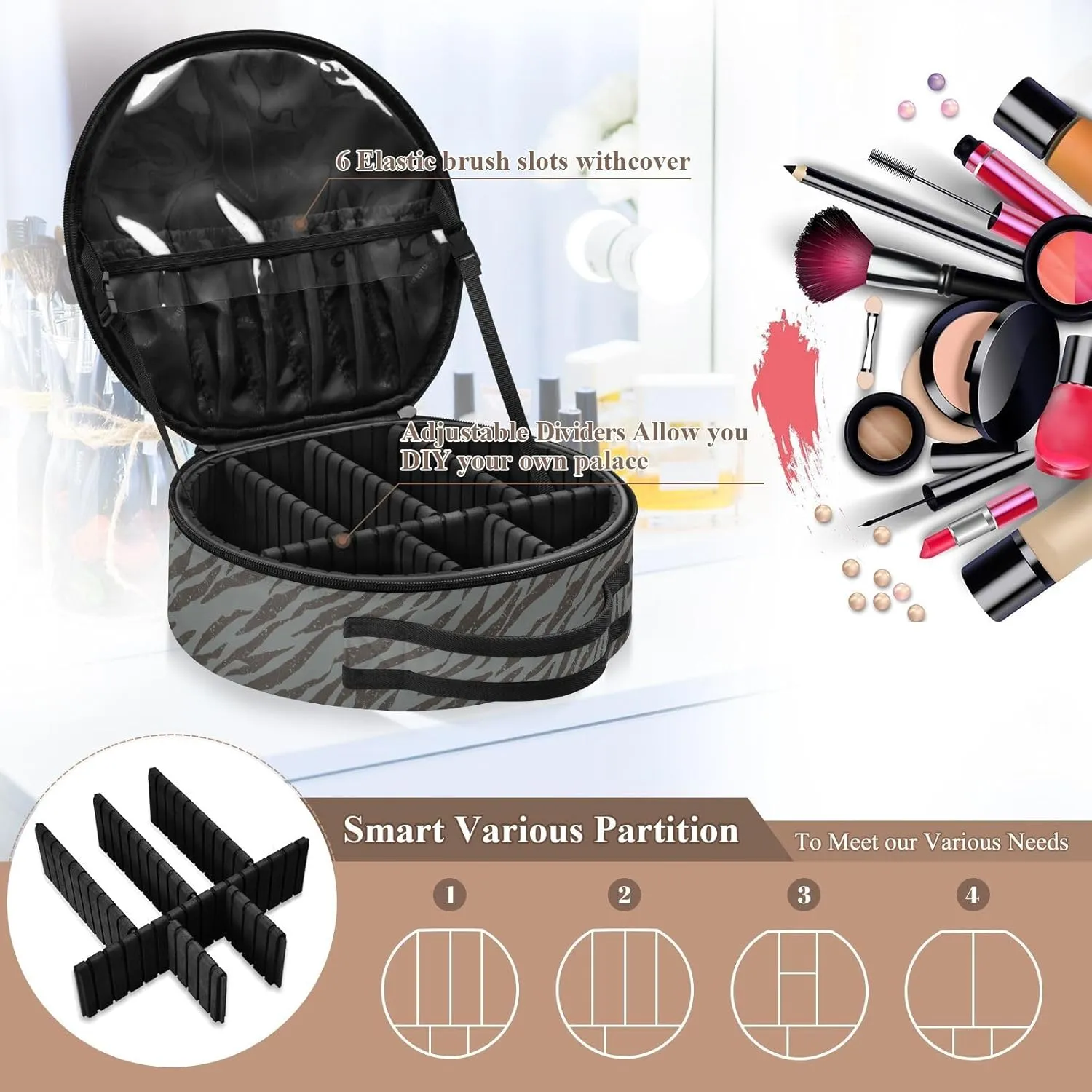 ALAZA Zebra Tiger Stripes Grunge Travel Make Up Organizer Cosmetic Brush Bags Case